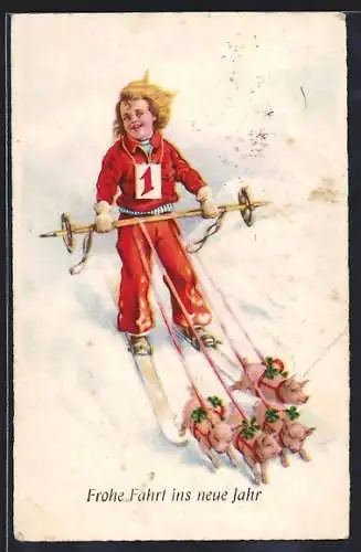 AK Glückliches Neujahr!, Kind auf Skiern, von Ferkeln gezogen