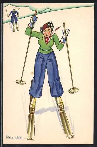 Künstler-AK Frau auf Skiern, Pista, pista...