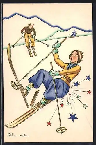 Künstler-AK Frau fällt, weil ihr Ski bricht, Stelle... alpine