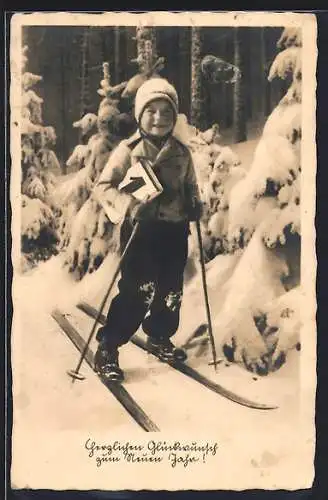 AK Kind auf Skiern, Neujahrsgrüsse