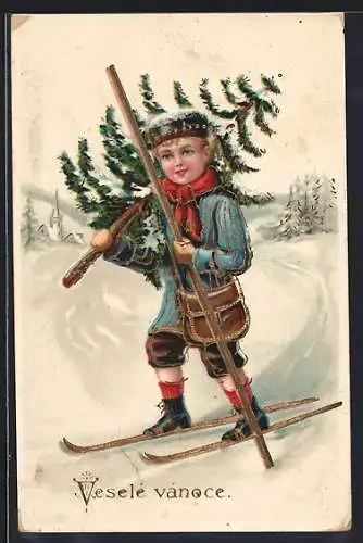 Künstler-AK Kind auf Skiern mit Weihnachtsbaum, Vesele vanoce