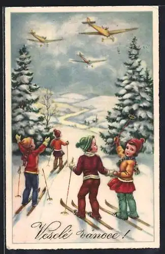Künstler-AK Kinder auf Skiern blicken auf Flugzeuge