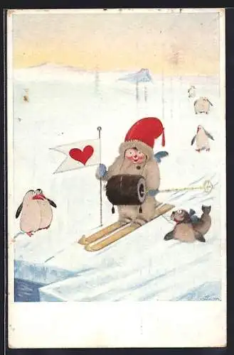 Künstler-AK Kind auf Skiern mit Pinguinen und Robbe