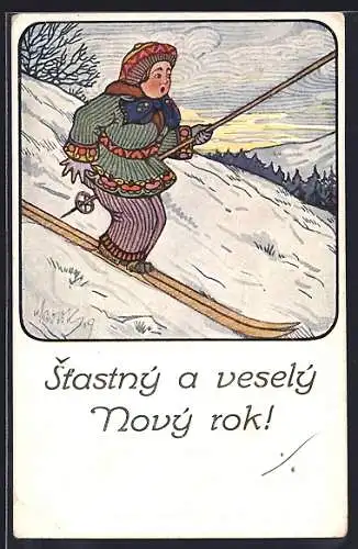 Künstler-AK Kind auf Skiern in der Winterlandschaft