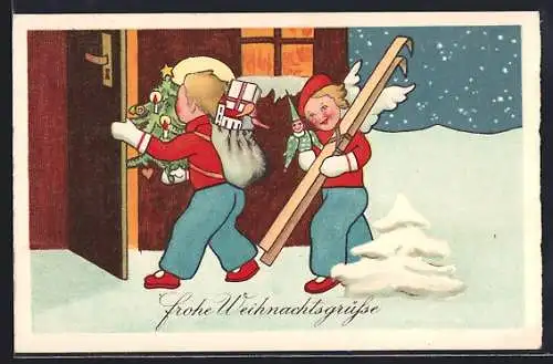 Künstler-AK Zwei Kinder bringen Skier, Geschenke und einen Weihnachtsbaum