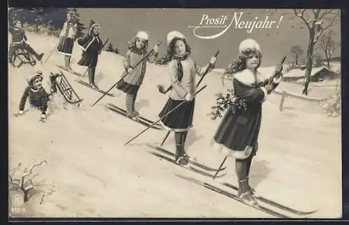 Künstler-AK Kinder auf Skiern und Schlitten, Neujahrsgrüsse