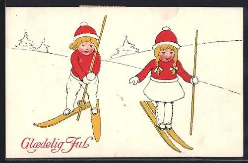 Künstler-AK Zwei Kinder auf Skiern, Glaedelig Jul