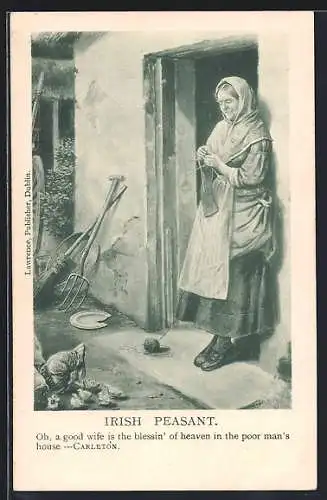 Künstler-AK Irish Peasant, Irische Frau strickt vor dem Haus