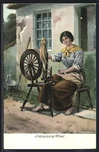 Künstler-AK Irish Spinning Wheel, Frau an Spinnrad