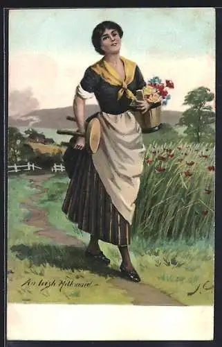 Künstler-AK An Irish Milkmaid, Irische Frau in traditioneller Kleidung mit Eimer und Melkschemel