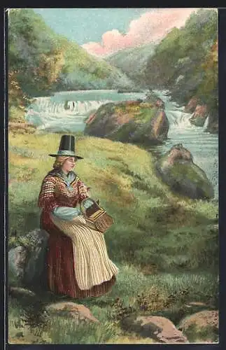 Künstler-AK Walisische Frau in traditioneller Kleidung an einem Fluss