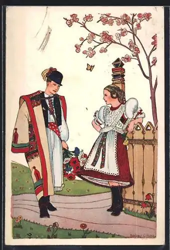 Künstler-AK Ungarisches Paar in Landestracht