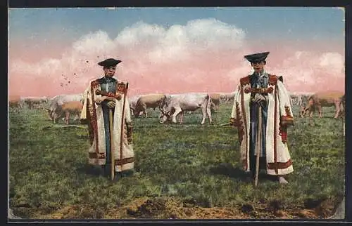 AK Leben auf der Haide Hortobágy, Zwei Ungarn mit Rindern