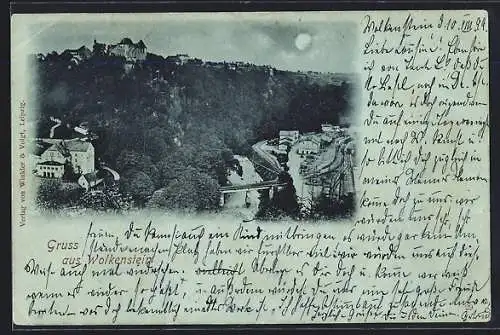 Mondschein-AK Wolkenstein, Panorama mit Schloss