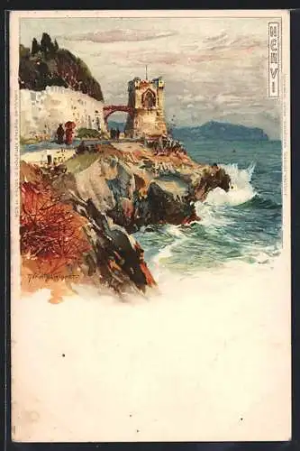 Künstler-AK Manuel Wielandt: Nervi, Spaziergänger an der Uferpromenade mit Turm