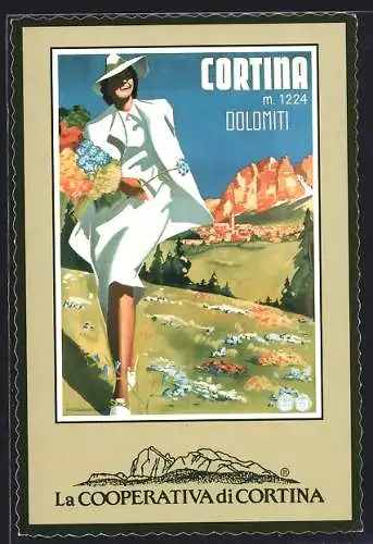 Künstler-AK Cortina, Panorama mit eleganter Dame, Dolomiten, La Cooperativadi Cortina, Corso Italia, 40