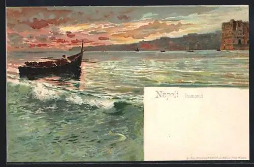 Lithographie Napoli, Tramonto, Ruderboot vor der Küste
