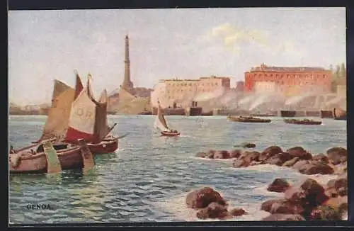Künstler-AK Genova, Hafenpanorama mit Säule, Dampfern u. Segelbooten