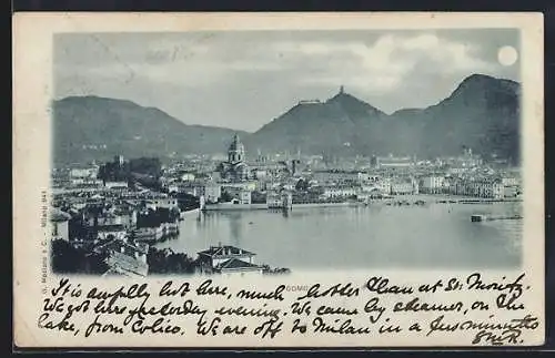 Mondschein-AK Como, Totalansicht mit Bergpanorama vom Wasser aus