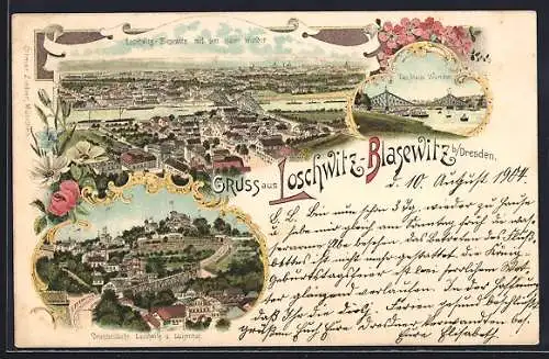 Lithographie Dresden-Loschwitz, Panorama mit dem blauen Wunder, Drahtseilbahn und Luisenhof