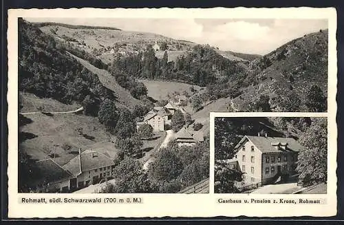 AK Rohmatt, Ortsansicht mit Kirche und Umgebungspanorama, Gasthaus und Pension zur Krone