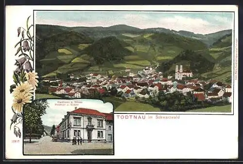 Lithographie Todtnau /Schwarzw., Gesamtansicht aus der Vogelschau, Gasthaus zum Bären J. Ebner