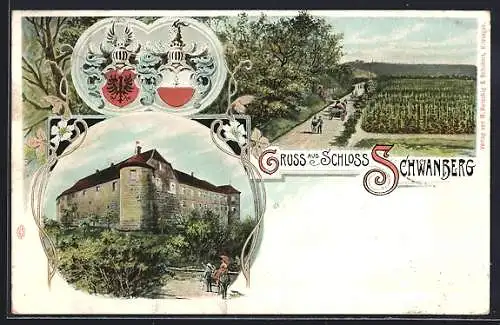 Lithographie Rödelsee, Schloss Schwanberg, Ortspartie, Wappen
