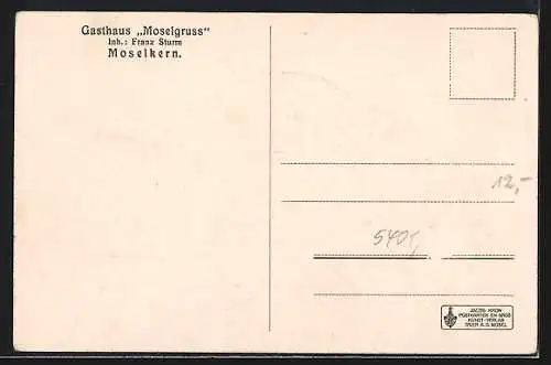 AK Moselkern, Gasthaus Moselgruss F. Sturm, Frontansicht mit Wirtsfamilie u. Nachbargebäude