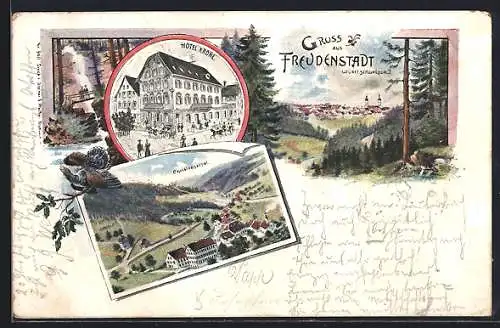Lithographie Freudenstadt, Panorama, Christophstal, Hotel Krone