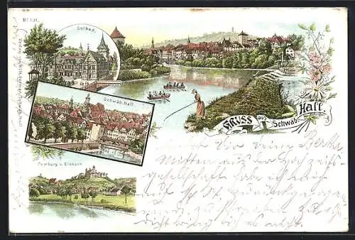 Lithographie Schwäb. Hall, Soldabd, Comburg und Einkorn, Teilansicht