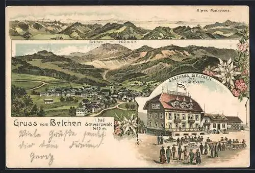 Lithographie Belchen / Schwarzwald, Ortsansicht, Gasthaus Belchen, Alpenpanorama