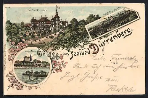 Lithographie Dürrenberg, Kurhaus mit Strasse, Westliche Gradirwerke, Kunst-Thurm mit Fähranleger