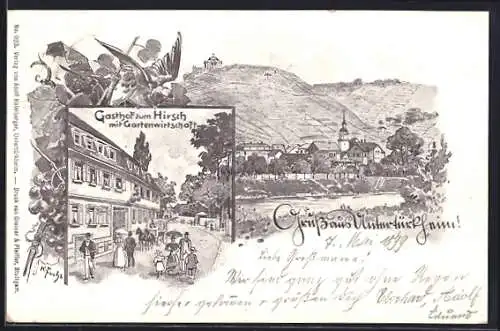 Lithographie Untertürkheim, Gasthof zum Hirsch mit Gartenlokal, Ortsansicht, Pferdekutsche