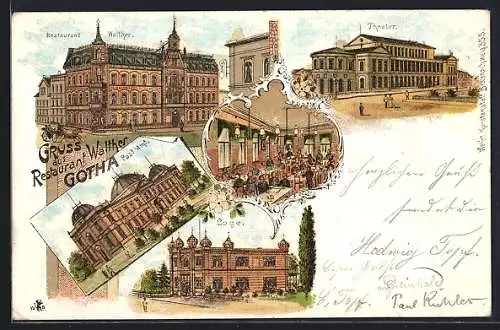 Lithographie Gotha, Restaurant Walther, Theater, Postamt, Freimaurer-Loge