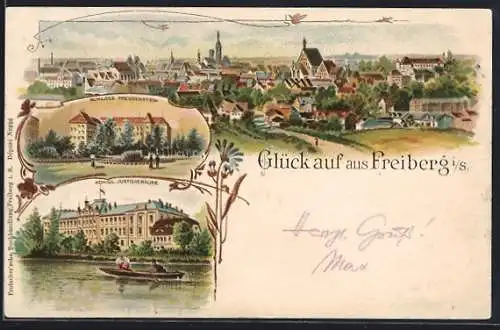 Lithographie Freiberg / S., Panorama, Schloss Freudenstein, Königl. Justizgebäude