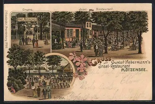 Lithographie Plötzensee, Insel-Restaurant G. Habermann, Eingang, Gebäude und Garten, Partie am Ufer mit Pavillon