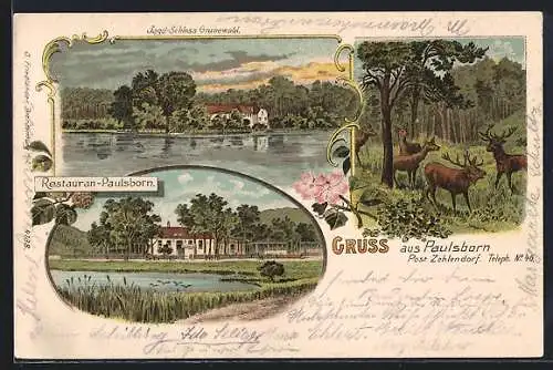 Lithographie Berlin-Grunewald, Blick vom Ufer zum Jagdschloss Grunewald, Hirsche im Wald