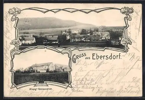 AK Ebersdorf / Löbau, Gasthaus Mosigs Restauration, Totalansicht mit Fernblick, Ornament-Rahmen