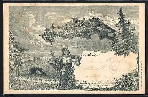 Künstler-AK sign. Christian Peip: Brotterode, Inselsberg mit winkendem Zwerg
