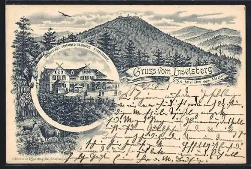 Lithographie Inselsberg, Gothaisches Domänengasthaus m. Garten u. Strasse, Gesamtansicht m. Bergpanorama, Zwerg, Hirsche