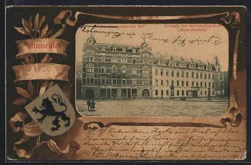 AK Mittweida, Hotel Europaeischer Hof und Etablissement Stadt Chemnitz, Lorbeer-Ornament, Wappen