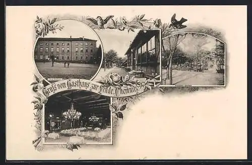 AK Chemnitz, Gasthaus zur Linde, Hausansicht, Colonnaden, Garten, Grosser Saal, Rosen, Vögel
