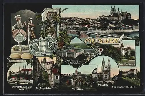 AK Meissen, Meissner Fummeln, Weinlese, Porzellan-Paar, Kaffeegeschirr, Schlossstufen, Totalansicht mit Brücke