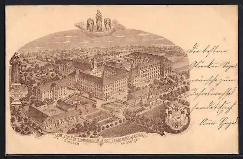 Lithographie Siessen bei Saulgau, Lehr- u. Erziehungsinstitut der Franziskanerinnen mit Anlagen, Wappen, St. Franziskus