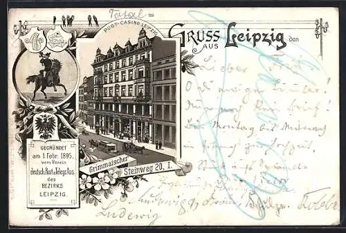 Lithographie Leipzig, Post-Casino, Grimmaischer Steinweg 20, Ansicht mit Pferdebahn, Postillon zu Pferde, Wappen