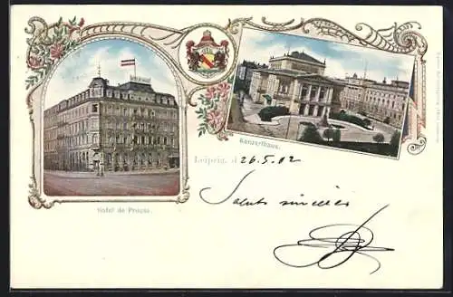 AK Leipzig, Hotel de Prusse, Konzerthaus mit Anlagen, Wappen, Ornament-Rahmen