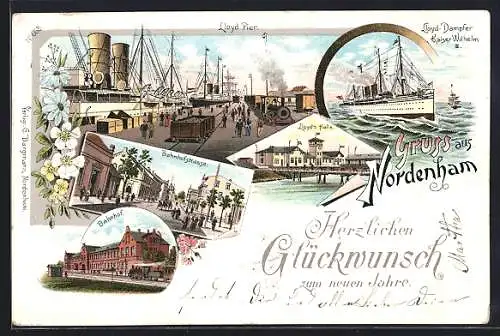 Lithographie Nordenham, Bahnhofstrasse, Bahnhof, Lloyd`s Halle u. Pier
