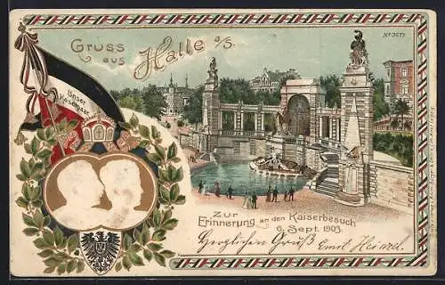 Lithographie Halle a. S., Unser Kaiserpaar im Portrait, Parkansicht mit Denkmal