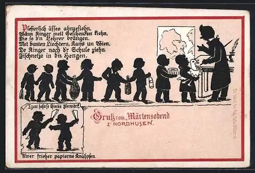 AK Nordhausen, Märtensabend, Kinder bringen dem Lehrer Geschenke, Uwer frieher papierne Knahpfen, Festpostkarte