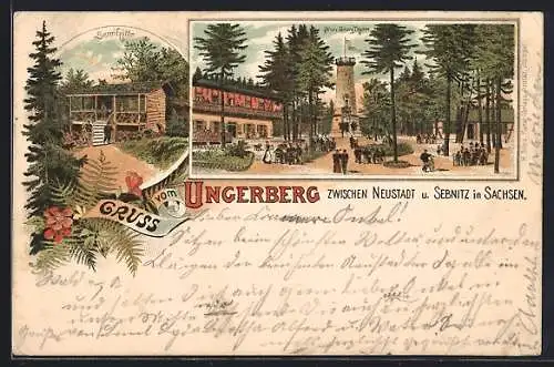 Lithographie Neustadt /Sa., Gasthaus Ungerberg mit Sennhütte und Aussichtsturm